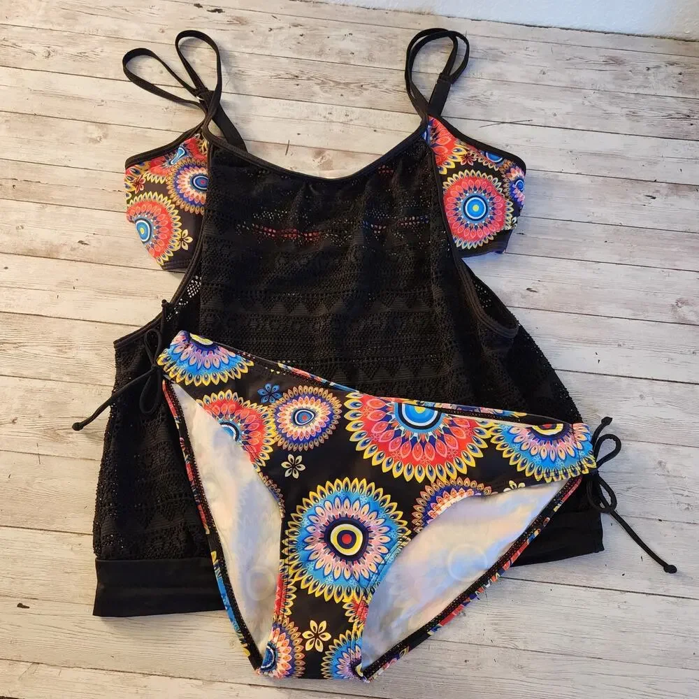 Two Piece Tankini Swimsuit with Mesh Overlay NWOT Size Large - Picture 5 of 12